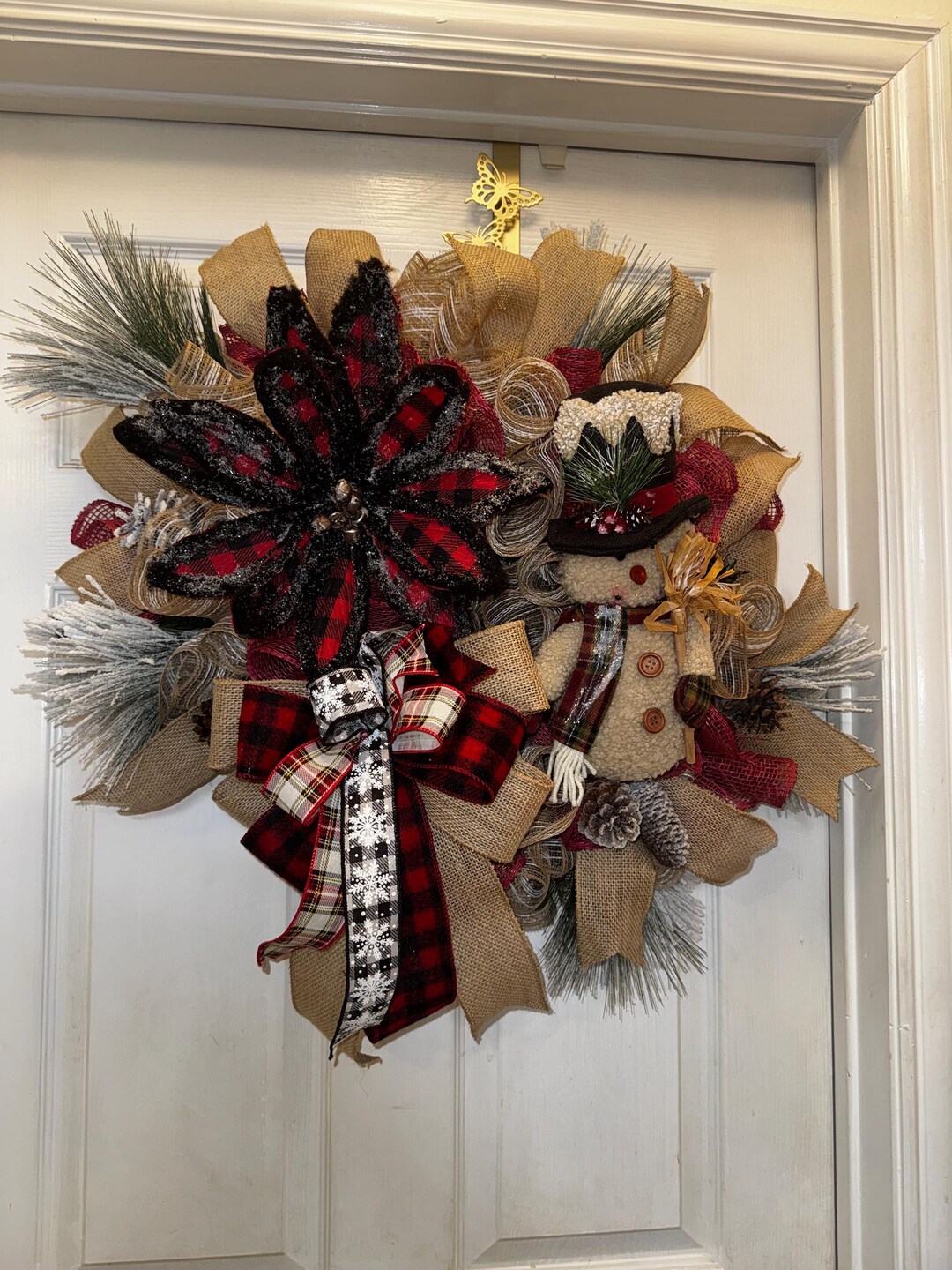 Winter Snowman Wreath | Rustic Buffalo Plaid Winter Door Decor | Burlap ...