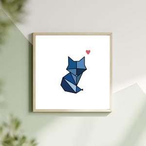 Figura geométrica zorro azul con corazon- póster imprimible-cartel/decorativo,descarga inmediata/impresion digital/infantil cuarto/animal
