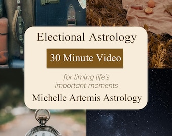 Könnte beinhalten: Eine digitale Grafik mit Vintage-Koffern, einem Feld mit Tuch und Obst, einer Taschenuhr und einem Sternenhimmel. Der Text lautet: Electional Astrology, 30 Minute Video, for timing life's important moments, Michelle Artemis Astrology.