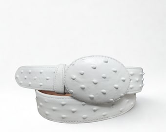 White Ostrich Print Leather Belt Cinto de Avestruz imt