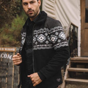 Aztec Quilted Twill Jacket – Black Print with Suede Details