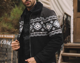 Aztec Quilted Twill Jacket – Black Print with Suede Details