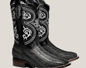 Leather Basketweave Square Toe/ Bota Petatillo Vaquero