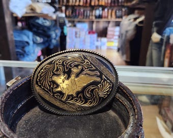 Oval Cowboy Riding Bull Western Belt Buckle