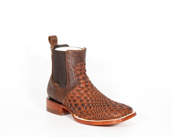 Handcrafted Woven Leather Square Toe Boots/ Botin de Petatillo