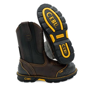 May include: Brown and black work boots with yellow accents. The boots have a rugged design with a reinforced toe and a thick, patterned sole. The brand name "CEBU" is visible on the boots.