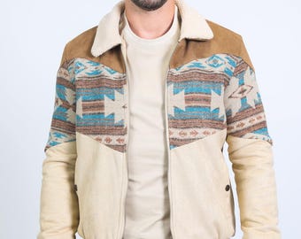 Aztec Quilted Twill Jacket – Beige Ethnic Print with Suede Details