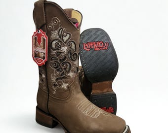 Women Brown Rodeo Cowgirl Square Toe Boots/Bota Vaquera