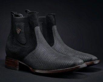 Men Lizard Print Square Toe Ankle Boots/Botin Vaquero Lagarto IMT