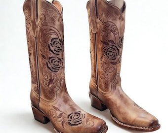 Tanner Mark Handcrafted Brown Rodeo Cowgirl Square Toe Boots Brown Roses Tall Top
