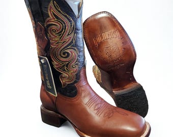 Men Cognac Genuine Leather Square Toe Lesther outsole Bota de Hombre Vaquero