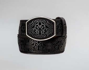 Black Leather Artisanal Embroidery Cowboy Belt Cinto de Vaquero