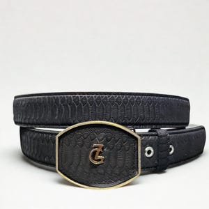 Men Black Python Print Cowboy Belt Cinto de PITON IMT