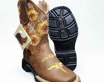 Kids Western Sunflower Cowgirl Boots W Zipper