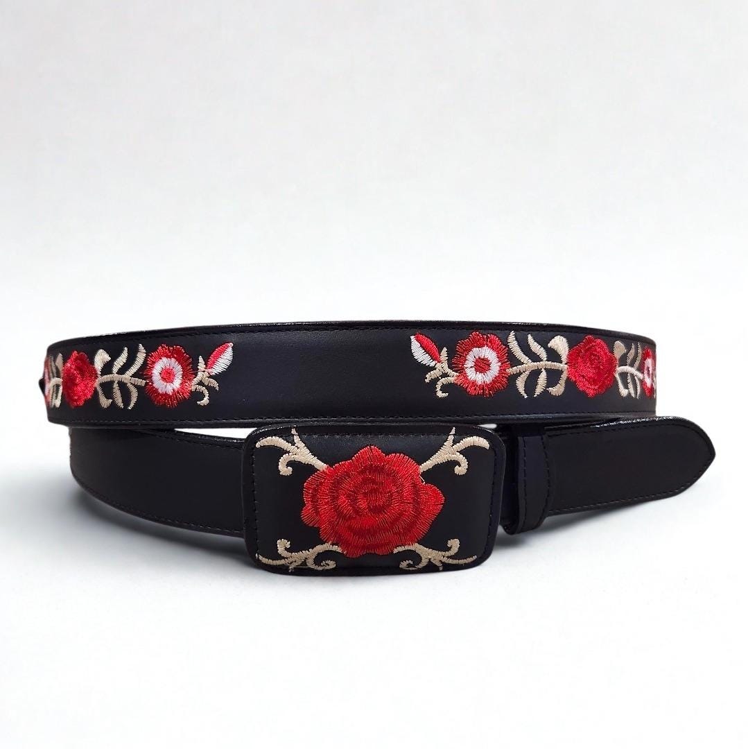 Red Roses Western Black Leather Belt - Etsy display picture 2