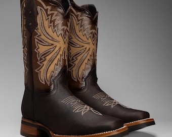 Genuine Leather Square Toe Cowboy Boots Bota de Rodeo