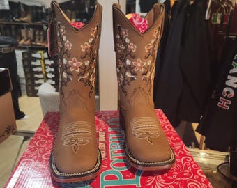 Women Flower Dark Brown Rodeo Cowgirl Square Toe Boots