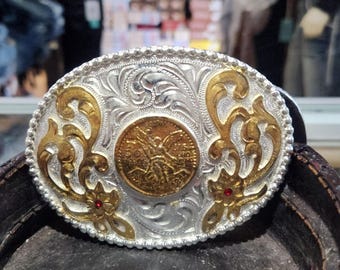 Southwestern Rodeo Cowboy Belt Buckle Vine and Flower Silver  display picture 2