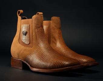 Men Lizard Print Cowboy Boots: Genuine Leather Square Toe
