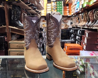 Men Suede Cowboy Square Toe Boots Brown Bota Rodeo Cafe