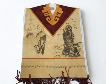 San Judas Wool Poncho Genuine Leather