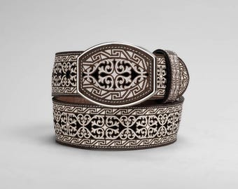 Western Leather Artisanal Embroidery Cowboy Cinto de Hombre Blanco