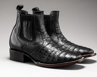 Crocodile Print Cowboy Square Toe Ankle Boots Botin de Camian IMT