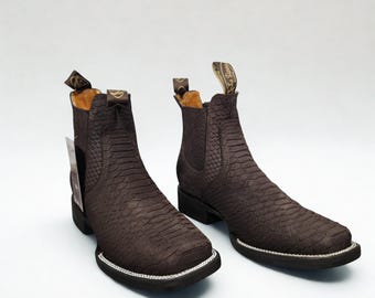 Brown Python Print Square Toe boots Botin de PITON