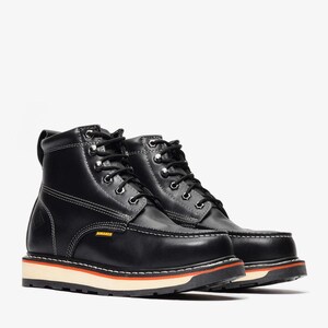 May include: A pair of black leather work boots with white stitching and a thick sole. The boots have metal eyelets, black laces, and a small yellow and orange label on the side. The soles have a white midsole with an orange stripe and a black outsole.