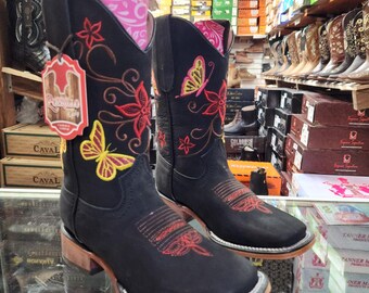 Women Black Rodeo Cowgirl Square Toe Boots Butterfly Top