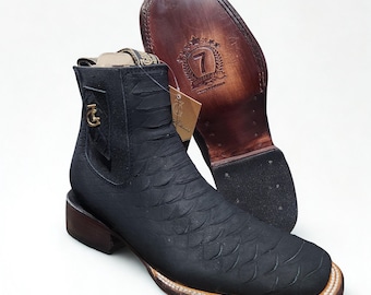 Black Python Jumbo Print Cowboy Square Toe Ankle Boots Botin de PITON