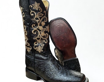 Women Rodeo Handtooled Cowgirl Square Toe Boots/Bota Cinceladas Vaquero