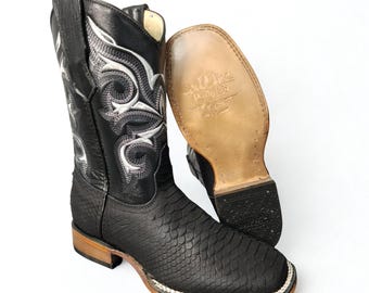 Black Python Leather Cowboy Square Toe Boots Bota de Piton