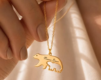 Custom Mama Bear Necklace with Cub, 925 Sterling Silver Mother Daughter Jewelry, Personalized Name Gold Bear Necklace, Mom Gift