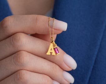 Personalized Gold Initial Birthstone Necklace, Pink Birthstone, Personalized Letter Charm, Birthstone Jewelry,  Gift For Girlfriend Jewelry