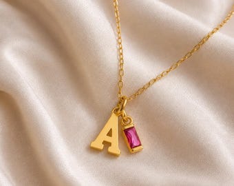 Personalized Gold Initial Birthstone Necklace, Pink Birthstone, Personalized Letter Charm, Birthstone Jewelry,  Gift For Girlfriend Jewelry