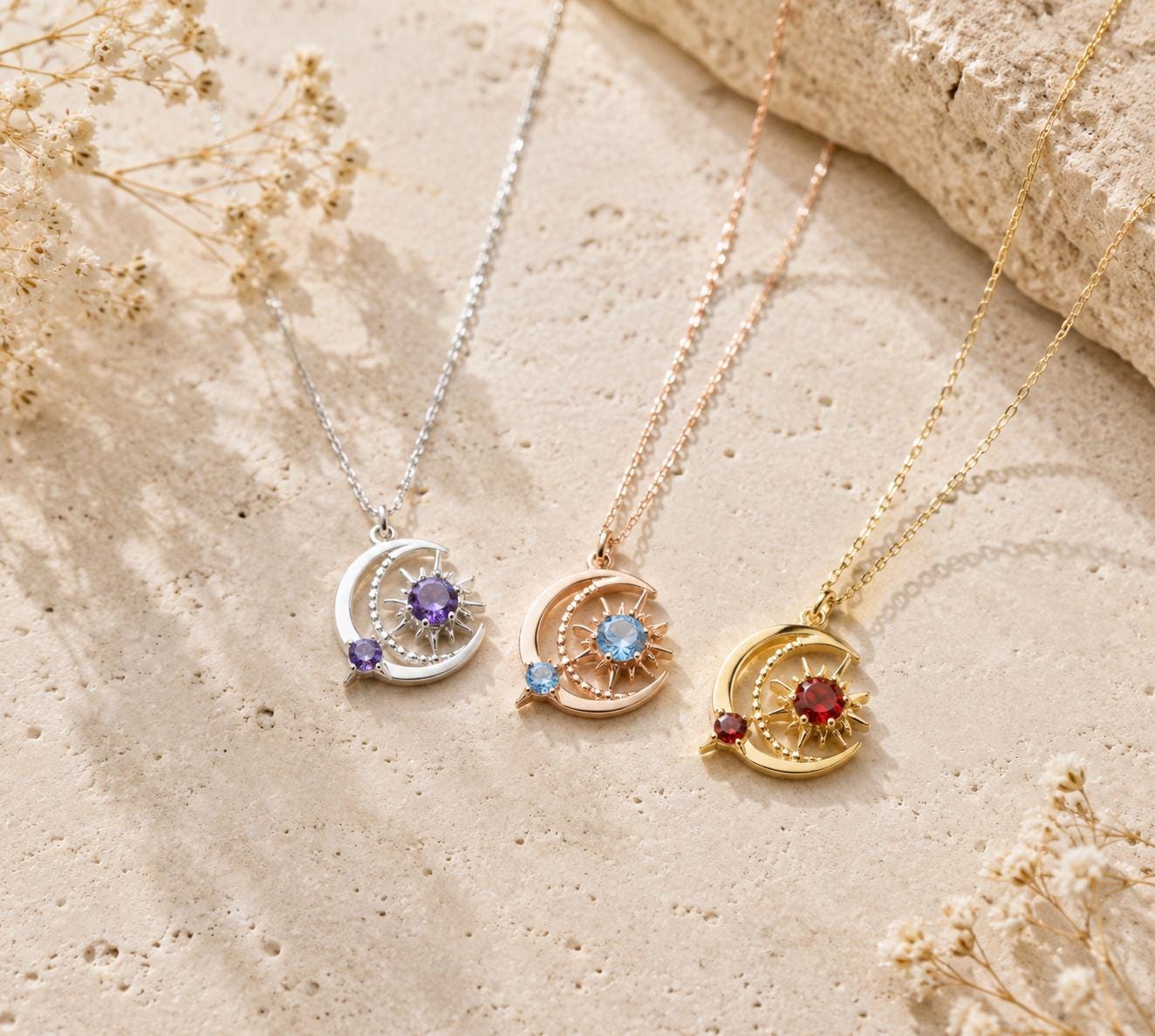 Sun and Moon Birthstone Necklace Custom Birthstone Moon and Sun…