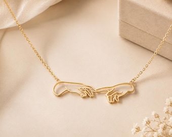 Minimal Hands Necklace, Touching Hands Necklace, Sterling Silver Gold Plated Necklace, Symbolic Line Art Jewelry, Gift for Her