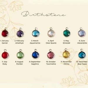 May include: A collection of twelve birthstone charms, each with a different colored gemstone. The months and corresponding gemstones are labeled below each charm, including Garnet, Amethyst, Aquamarine, Clear Quartz, Emerald, and Alexandrite.