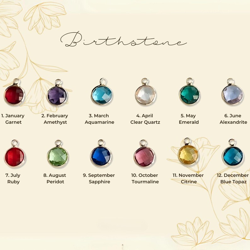 May include: A collection of twelve birthstone charms, each with a different colored gemstone. The months and corresponding gemstones are labeled below each charm, including Garnet, Amethyst, Aquamarine, Clear Quartz, Emerald, and Alexandrite.