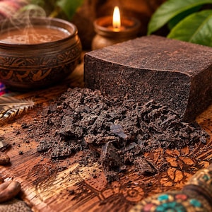 May include: A large, dark brown rectangular block of solid cacao paste sits next to a pile of shaved dark chocolate pieces. Nearby are several whole cacao beans, a ceramic bowl filled with a steaming dark liquid, and a decorative wooden handle.