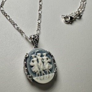 Hand Carved Blue Agate Cameo, Three Graces, New Sterling Silver Setting and Chain, Cameo Necklace, Lady's Gift, OOAK