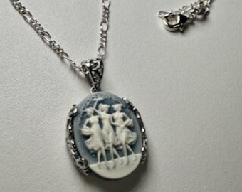 Hand Carved Blue Agate Cameo, Three Graces, New Sterling Silver Setting and Chain, Cameo Necklace, Lady's Gift, OOAK