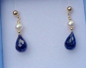 14k Yellow Gold, Natural Sapphire, Pearl, Pierced Earrings, Butterfly Back, Bride,(Something Blue,) Bridesmaid, or Mom 39 s Earrings, Bohemian