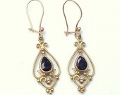 Solid 9k Gold, Vintage Sapphire Earrings, Gold Dangle Earring from UK, Hook Wires, Beautiful Design