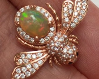 Natural Opal Bee Broach, Rose Gold Plate, 925 Sterling Silver, Pave CZ, OOAK