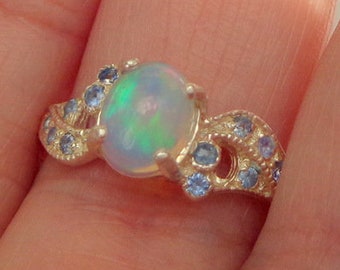 Size 9, Ethiopian Welo Opal Ring, Natural Gemstone, Multi-Color Flash, Sterling Silver Ring, Blue Sapphire Accents, Fine Jewelry