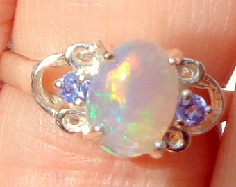 Sz 6, Welo Opal Ring, Ethiopian Opal, Sterling Silver, Semi-Transparent, Natural Gemstone,Color Play Stone, Peach,Yellow,Green,Blue, OOAK