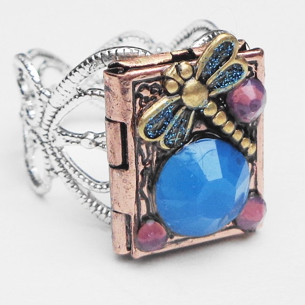 Dragonfly Locket Ring, Photo Jewelry,Swarovski Crystal Ring,Opal Blue,Golden Lavender,Teal,Gothic,Magical,Fairy Tale Ring,Edwardian Fantasy,