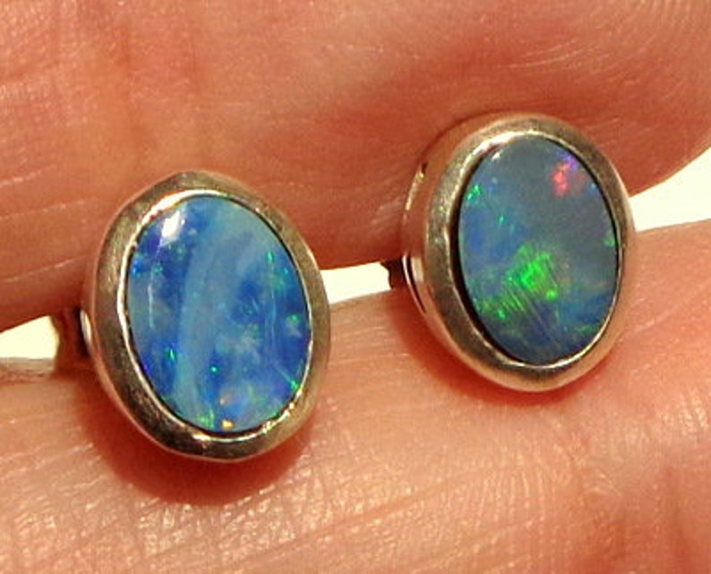 Blue Pink Hand Crafted OOAK Color Play Opals Sterling Silver Settings Natural Australian Opal Earrings Green